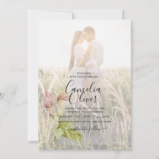 LeahGピンクカラリリーPHOTOオーバーレイ結婚式の招待 招待状 (正面)