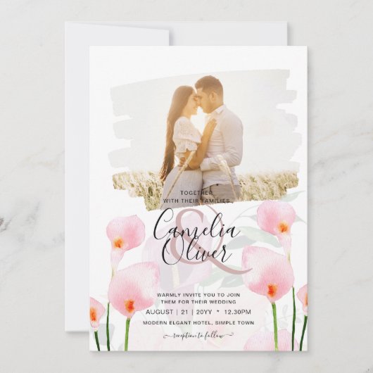 LeahGピンクカラリリーPHOTOオーバーレイ結婚式の招待 招待状 (正面)