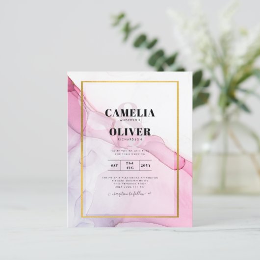 LeahGピンクパープルインク抽象芸術結婚式INVITE (スタンド正面)
