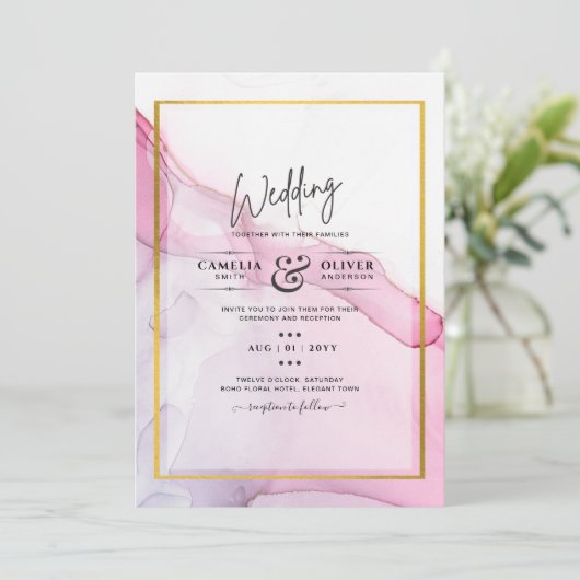 LeahGピンクパープルインク抽象芸術結婚式INVITE 招待状 (スタンド正面)