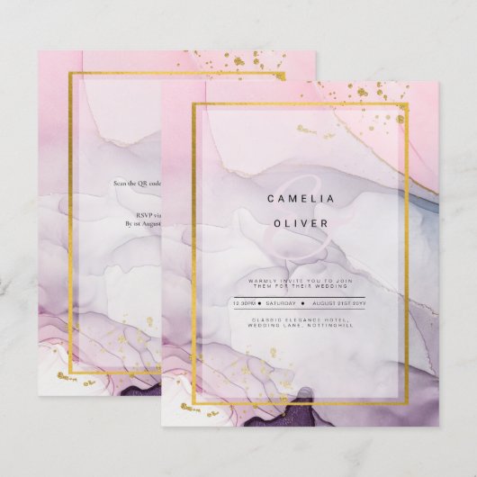 LeahGピンクパープルラベンダー金ゴールドインク結婚式の招待 (正面/裏面)
