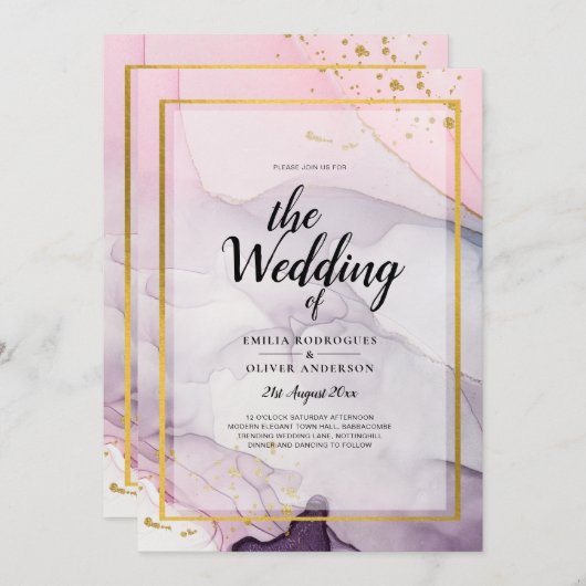 LeahGピンクパープルラベンダー金ゴールドインク結婚式の招待 招待状 (正面/裏面)