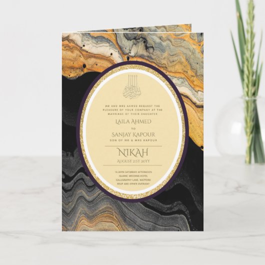 LeahGブラック金ゴールドイスラム教徒の結婚式の招待 カード (正面)