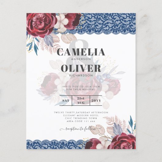 LeahGブルガンディブルーバラレース秋の結婚式招待状 (正面)