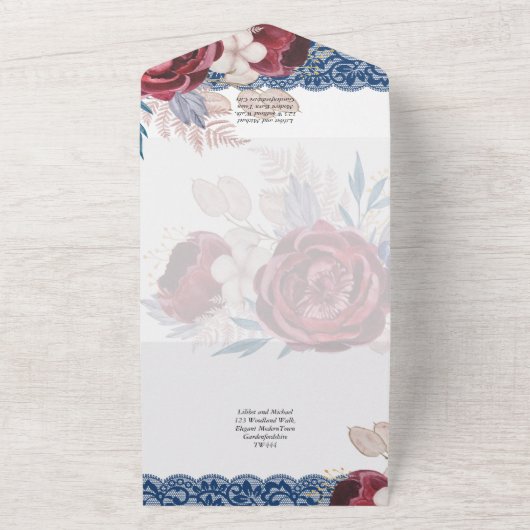 LeahGブルガンディブルーバラレース秋の結婚式招待状 オールインワン招待状 (外側)