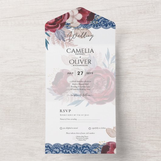 LeahGブルガンディブルーバラレース秋の結婚式招待状 オールインワン招待状 (内側)