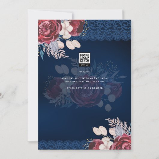 LeahGブルガンディブルーバラレース秋の結婚式招待状 招待状 (裏面)