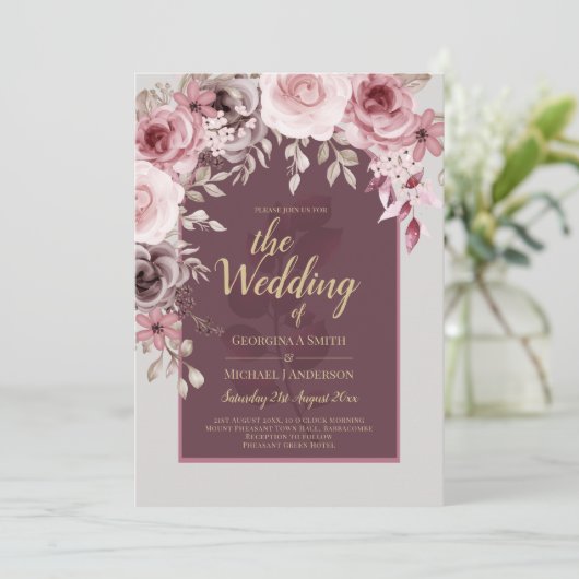 LeahGブルゴーニュ赤面ピンクローズ秋の結婚式Inv. 招待状 (スタンド正面)