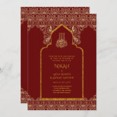 LeahGブルゴーニュ金ゴールドイスラム結婚教徒のニカ 招待状 (正面/裏面)