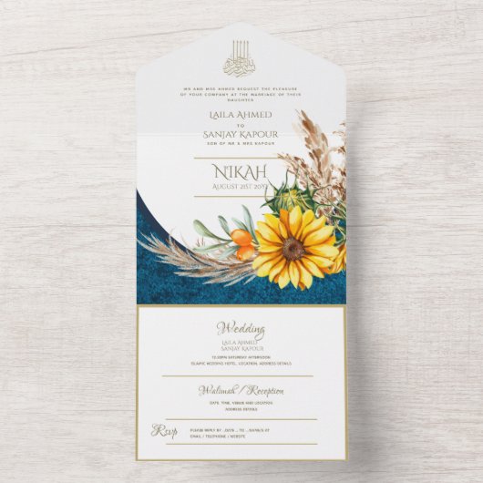 LeahGブルーヒマワリフローライスラム結婚教徒 オールインワン招待状 (内側)