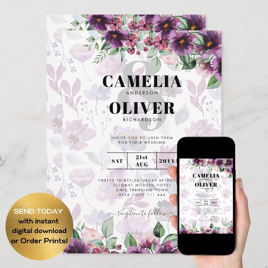 LeahGプラムパープルベリーフローラ結婚の秋冬 招待状