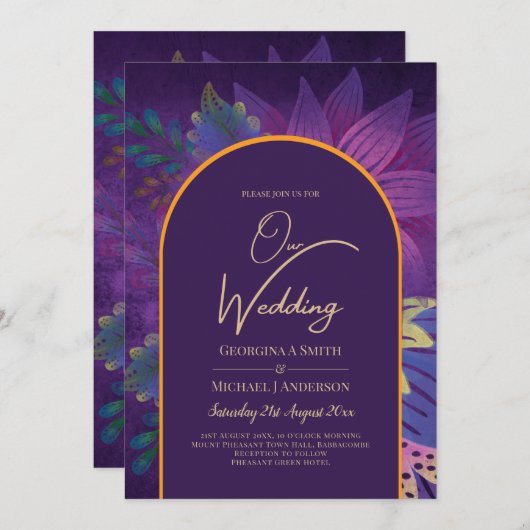 LeahGプラムパープル金ゴールドジュエルトーンウェディング招待 招待状 (正面/裏面)