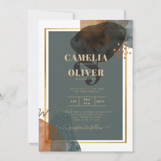 Leahgモダン抽象芸術ティール(緑がかった色)アースはっきりした音予測できな 招待状 (正面)