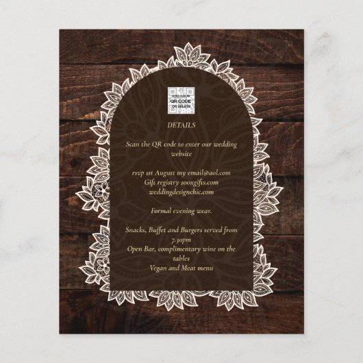 LeahGレース素朴ジプソフィラ木材の結婚式の招待 チラシ (裏面)