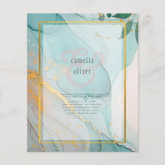 LeahG海ガラスティール(緑がかった色)金ゴールドインクウェディング招待 (正面)