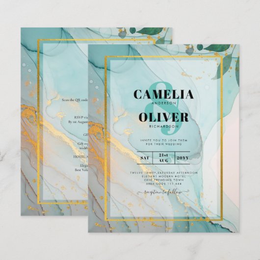 LeahG海ガラスティール（緑がかった色）金ゴールドインクウェディング招待 (正面/裏面)