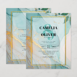 LeahG海ガラスティール（緑がかった色）金ゴールドインクウェディング招待