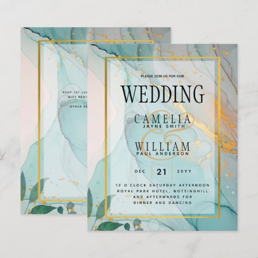 LeahG海ガラスティール（緑がかった色）金ゴールドインクウェディング招待 (正面/裏面)