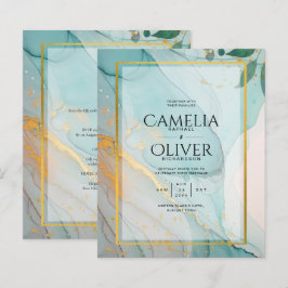 LeahG海ガラスティール（緑がかった色）金ゴールドインクウェディング招待