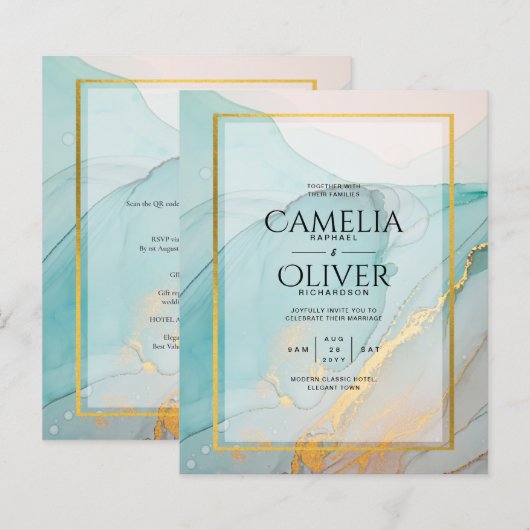 LeahG海ガラスティール（緑がかった色）金ゴールドインクウェディング招待 (正面/裏面)