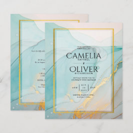 LeahG海ガラスティール（緑がかった色）金ゴールドインクウェディング招待