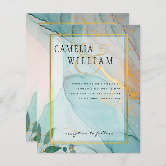 LeahG海ガラスティール(緑がかった色)金ゴールドインクウェディング招待 (正面/裏面)