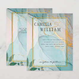 LeahG海ガラスティール（緑がかった色）金ゴールドインクウェディング招待