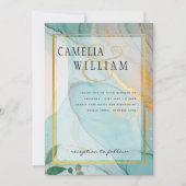 LeahG海ガラスティール(緑がかった色)金ゴールドインクウェディング招待 招待状 (正面)
