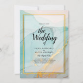LeahG海ガラスティール(緑がかった色)金ゴールドインクウェディング招待 招待状 (正面)