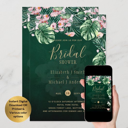 LeahG熱帯グリーンピンクフローラ結婚葉 招待状
