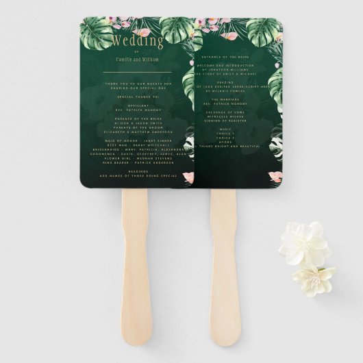 LeahG熱帯緑ピンクの植物学結婚院 ハンドファン (正面&裏面)