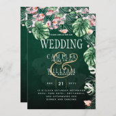 LeahG熱帯緑ピンクの植物学結婚院 招待状 (正面/裏面)