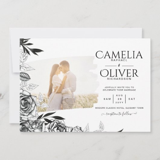 LeahG白黒バラフォトオーバーレイ結婚ズ 招待状 (正面)