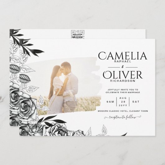 LeahG白黒バラフォトオーバーレイ結婚ズ 招待状 (正面/裏面)