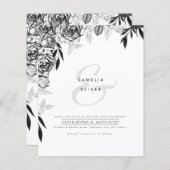 LeahG白黒バラ結婚の予算招待状 (正面/裏面)