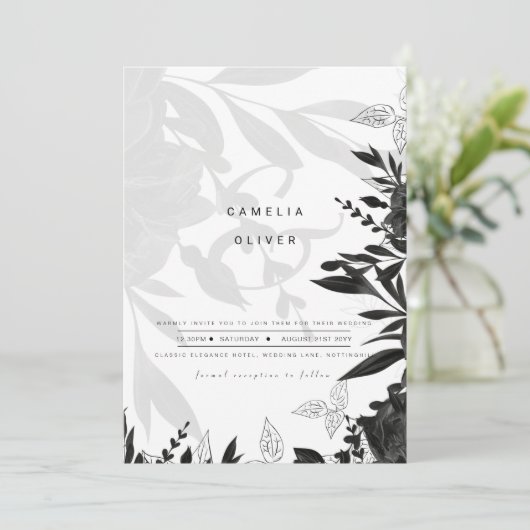 LeahG白黒バラ結婚の予算招待状 招待状 (スタンド正面)