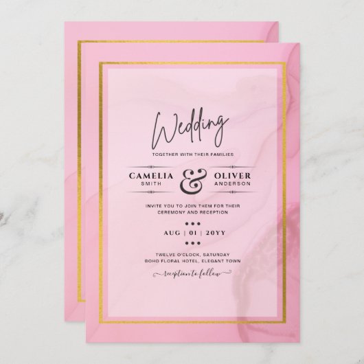 LeahG赤面ピンクの金ゴールドインクグラデーション結婚式の招待 招待状 (正面/裏面)