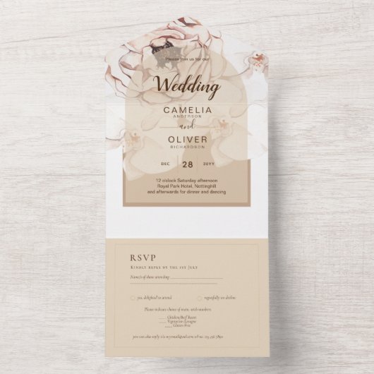 LeahG赤面ピンクシャンパーニュフローラ結婚式の招待 オールインワン招待状 (内側)