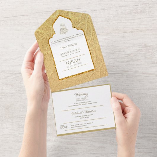 LeahG金ゴールドペイズリーイスラム教徒の結婚式の招待 オールインワン招待状 (貼ってはがせる)