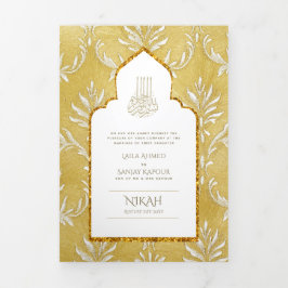 LeahG金ゴールドホワイトイスラム教徒の結婚式の招待 三つ折り招待状