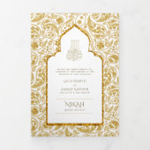 LeahG金ゴールドホワイトイスラム教徒の結婚式の招待 三つ折り招待状 (カバー)