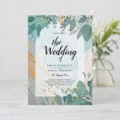 LeahG シーグラス インク ティール ゴールド グリーンナリー ウェディング インビテ 招待状 (スタンド正面)