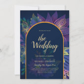 LeahG ネイビー パープル ゴールド ジュエル トーン ウェディング インビテーション (正面)