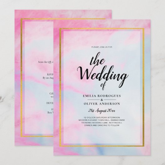 LeahG ピンクアクアブルーゴールド インク 結婚式招待状 招待状 (正面/裏面)