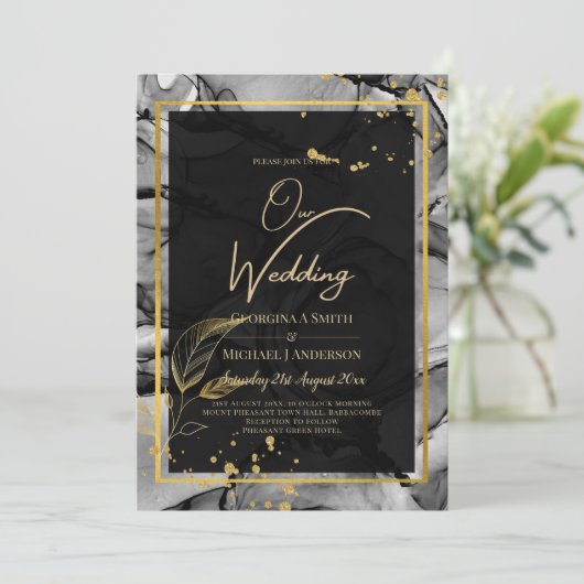 LeahG® ブラックゴールド アルコールインク ウェディング INVITE 招待状 (スタンド正面)