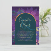 LeahG 緑 紫 ゴールド JEWEL TONES ウェディング インビテーション (スタンド正面)