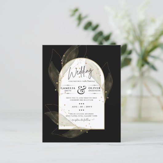 LeahG Black Gold Leaves Modern Wedding INVITE (スタンド正面)