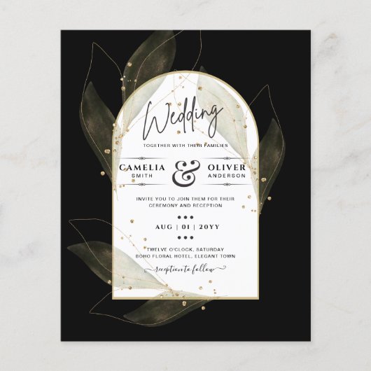 LeahG Black Gold Leaves Modern Wedding INVITE (正面)