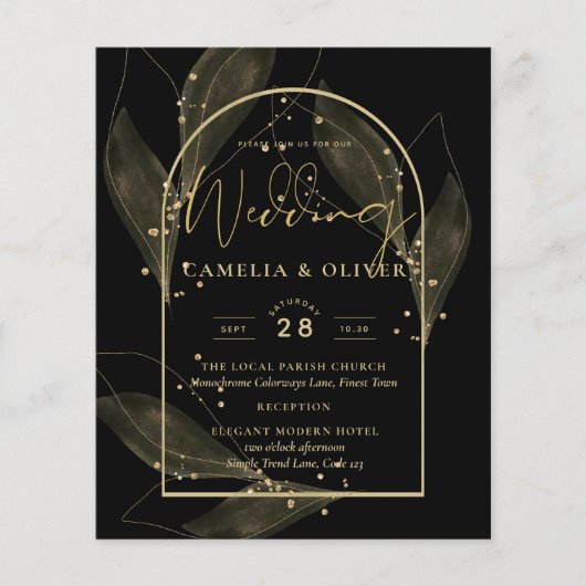 LeahG Black Gold Leaves Modern Wedding INVITE チラシ (正面)
