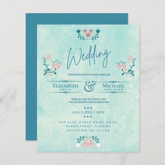 LeahG BUDGET結婚式の招待フォークアートティール(緑がかった色)ピンク (正面/裏面)